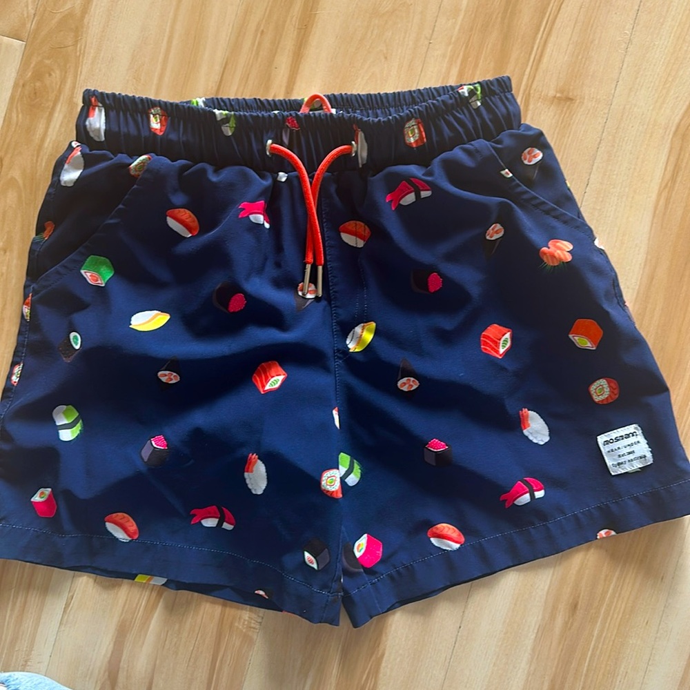 Mosmann Australia Boys Navy Sushi Print Tailored Swim Shorts | 10/11 boys